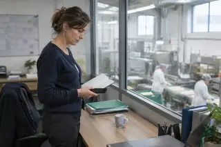Une dirigeante de PME agroalimentaire consulte son agenda dans le bureau vitré qui surplombe l'atelier de production